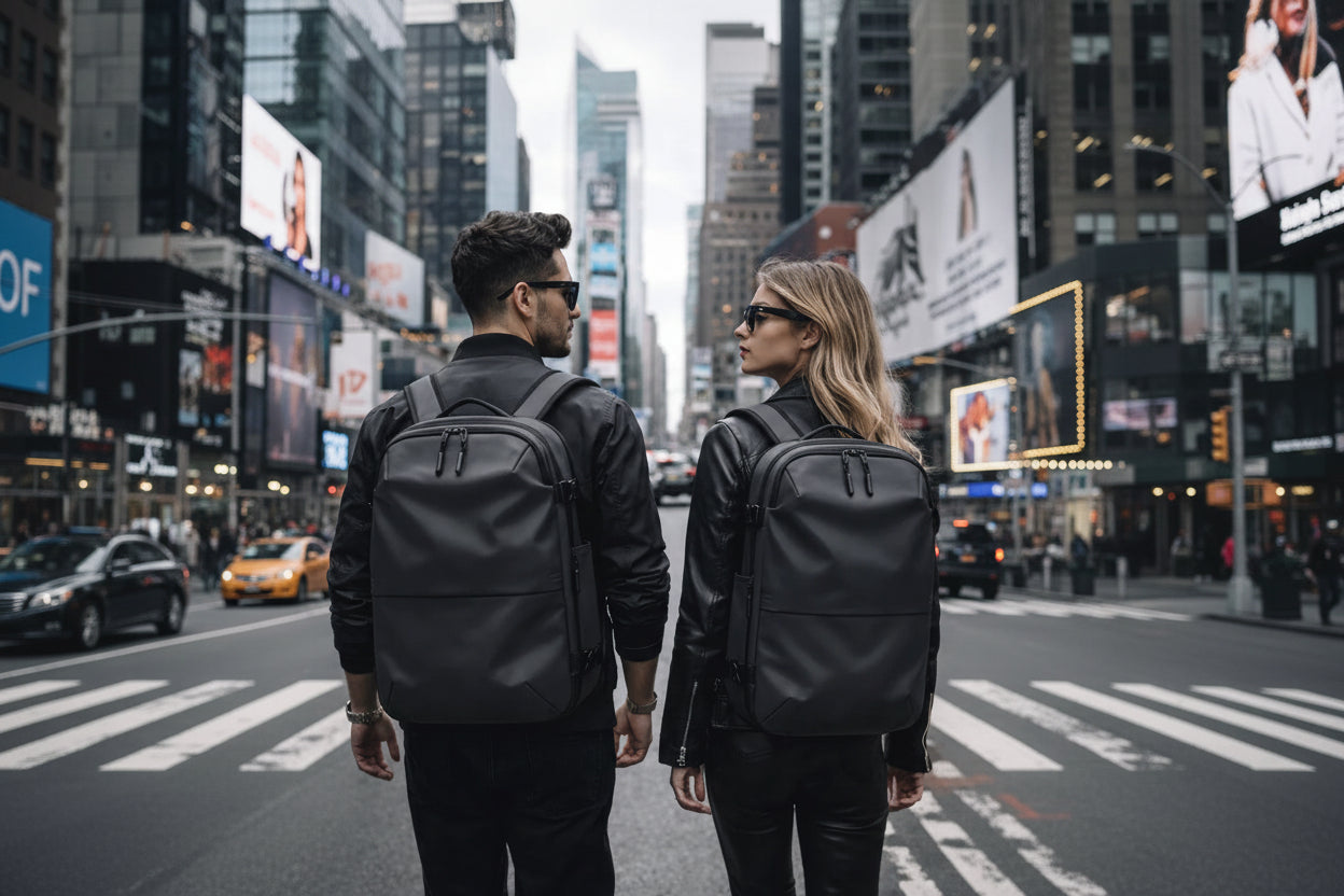 Two people walking on a city street wearing black backpacks.